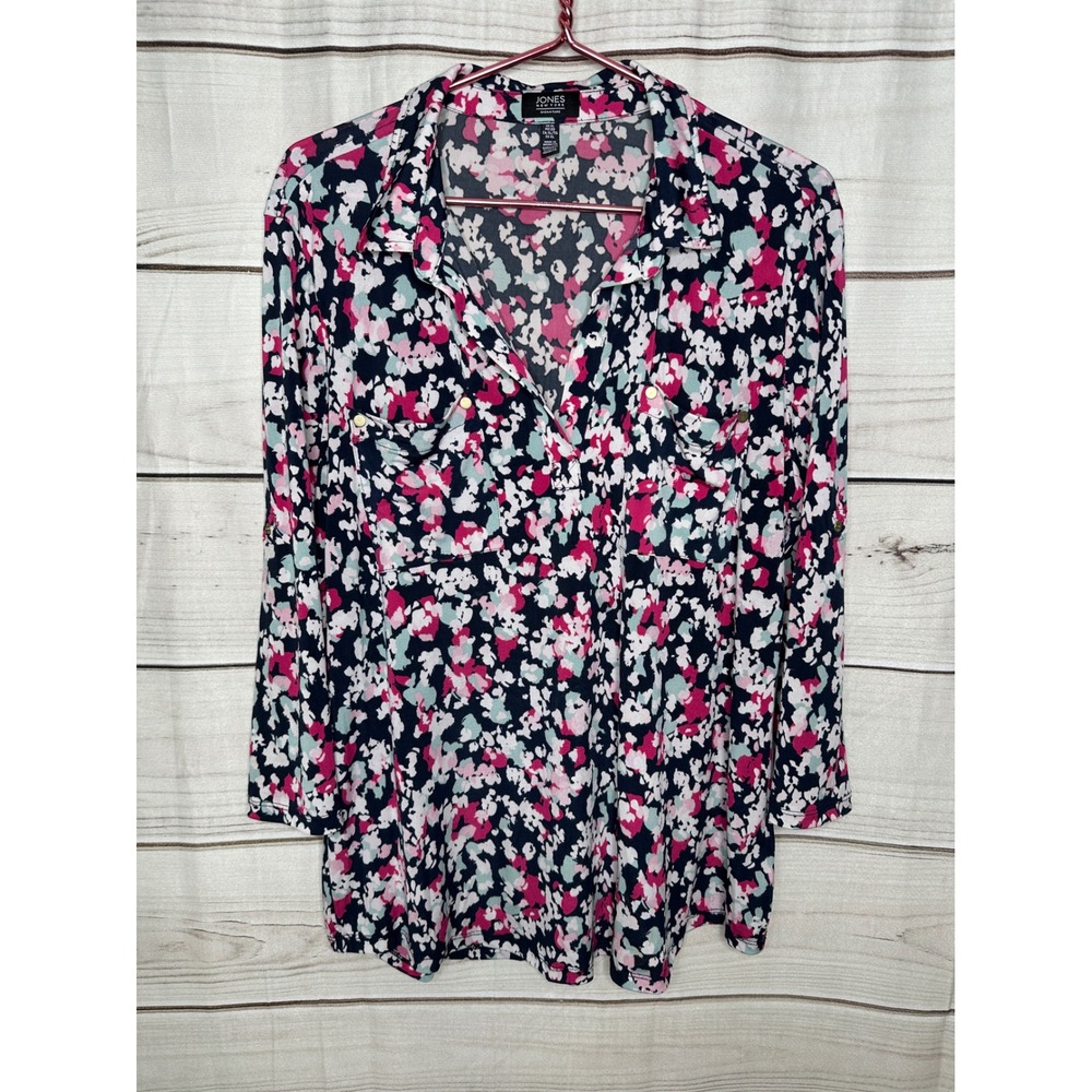 Jones New York Floral Blouse Women XL Pink Black Abstract 3/4 Sleeve Stretch Top